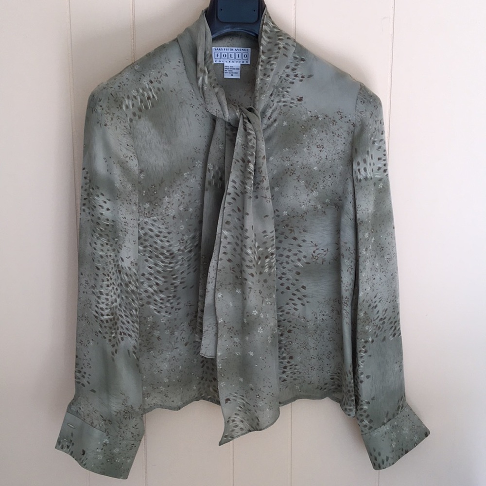 Green Silk Blouse with Neck Tie